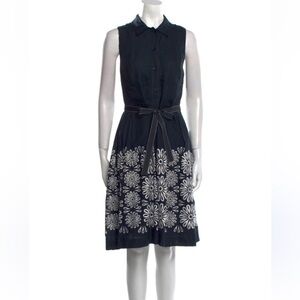 O Oscar Sundress Linen SZ 4 Sleeveless Blue Daisy Embroidery Oscar De La Renta